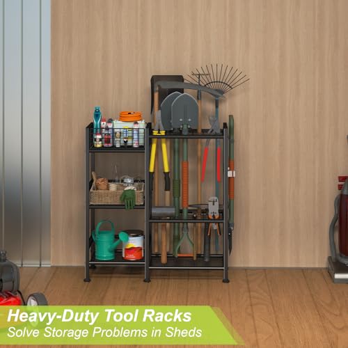 keomaisyto Garden Tool Organizer With Basket - 3 Tier Yard Storage Rack for Garage Organization, Heavy Duty Holder With 35 Long-Handled Slots for Shed, Yard, Garage by keomaisyto - Used condition - Image 5