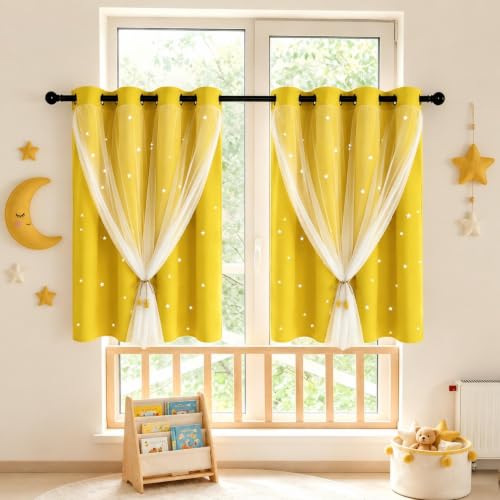 Kinryb Yellow Kids Star Cutout Curtains for Bedroom 52" W x 36" L 2 Panels