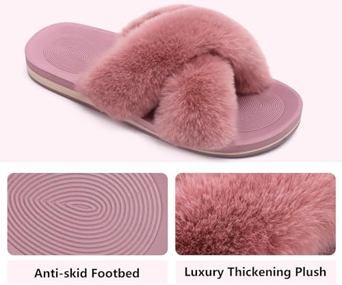 Image of COFACE Womens Fuzzy Slides Fluff Faux Fur Cross Slippers Open Toe Yoga Mat House Slipper Sandals With Arch Support For Indoor /Outdoor