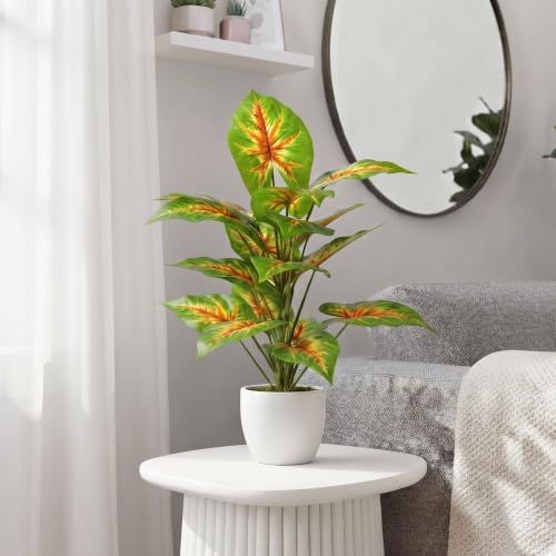 Image of Dekorly Artificial Caladium Plant Tree with White Pot 26 Inches | 66cm - Realistic Faux Leaf Plant for Home Decor, Bedroom, Living Room & Office