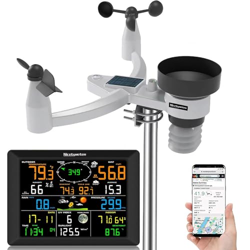 Estación meteorológica, estación meteorológica WiFi con sensor exterior 7 en 1, pluviómetro, dirección y velocidad del viento, WiFi + sensor de temperatura y humedad exterior