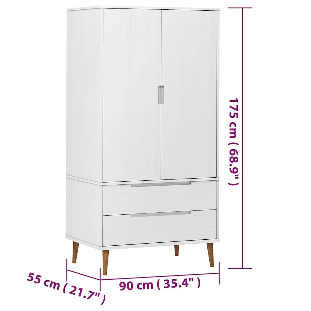 Armadio MOLDE bianco in legno di pino massiccio, 90 x 55 x 175 cm, con vernice UV, 2 cassetti, grande scomparto, guardaroba con asta appendiabiti per camera da letto, corridoio e spogliatoio
