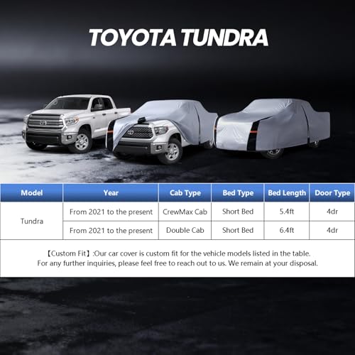Image of Multi-Layer Toyota Tundra Truck Cover, Custom fit Tundra 2021-2026 Double Cab /CrewMax Cab SB(5.5'-6.5')Car Cover Waterproof All Weather, Full Exterior Cover Rain Wind and UV Protector With Door Zipper
