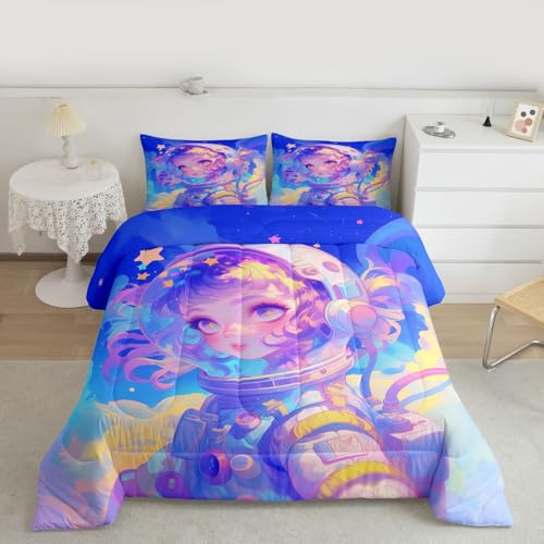 Image of Erosebridal Watercolor Anime Girl Bedding, 3D Anime Comforter Set Cosmo Galaxy Sci-Fi Virtual Reality Twin Bed Comforter Set for Boys Girls Graffti Stars Print Duvet Insert, 1 Comforter 1 Pillowcase