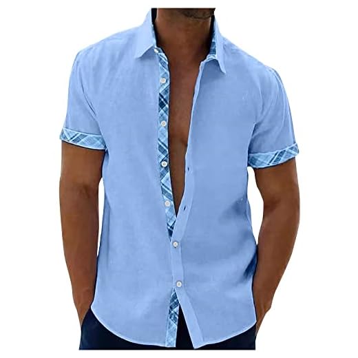 UHouse Chemise Homme en Cotton Lin Vetement Manches Courtes D'Été Chemises Leger Décontracté Chemisette Respirant Habit Col Mao Court Fin Cut Button Down Shirt Amazon Warehouse Occasion Bleu XXL