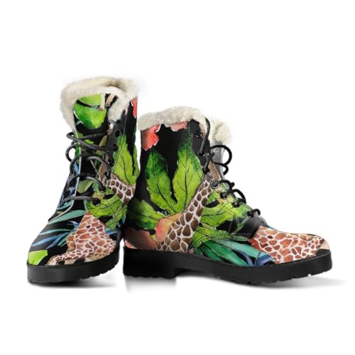 Faux Fur Leather Boots With Black Tropical Giraffe Pattern Print