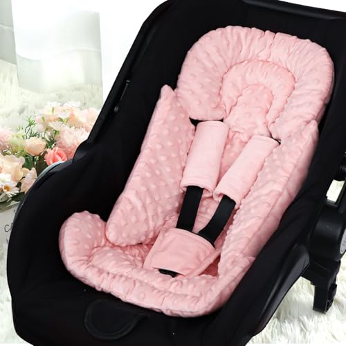 Image of Infant Car Seat Insert Boy Girl, 3 in 1 Newborn Carseat Insert with Strap Pads, Car Seat Head Support for Baby Strollers, Swings, and Bouncers, Comfortable and Machine Washable, Orange Pink