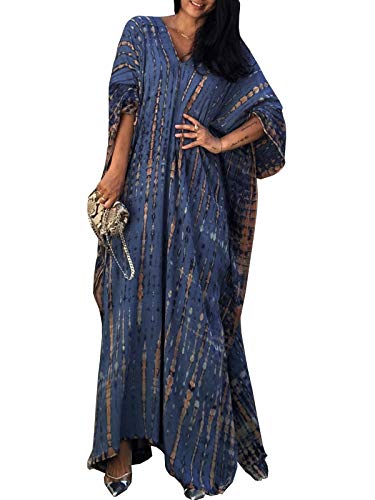 Chunoy Women Casual Summer Swimsuit Kaftan Sleeve Tie Dye Striped Print V Neck Side Split Loose Beach Caftan Maxi Dress Cyan #TOP19