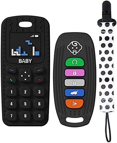 Baby Teething Toys, Honboom 2 Pack Silicone Chew Toys, Baby Teether Toys for Newborn Babies Cell Phone and Car Key (Black)