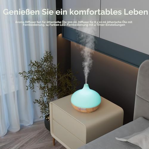 Aroma Diffuser Set für ätherische Öle 500ml Fernbedienung 14 LED Farben 4 Timer Einstellungen Raumduft Ideal für Entspannung, Wellness & Aromatherapie