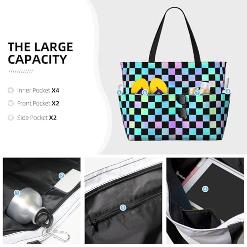 Large Beach Bags for Women Sandproof - Iridescent Checker Print Summer Work Travel Tote Bags with Zipper3
