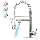 KZH Kitchen Faucet with Pull Down Sprayer Commercial Single Handle Stainless Steel Two Spout Kitchen Sink Faucet with LED Light,Deck Plate,Brushed Nickel