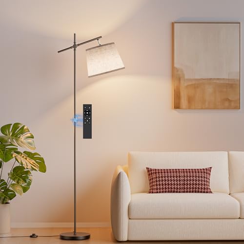 Image of SIBRILLE Floor Lamp with Linen Shade, Dimmable Tall Standing Lamp with Remote Control & 3 Color Temperatures Bulb, Modern Swing Arm Floor Lamps for Living Room Bedroom Office Corner