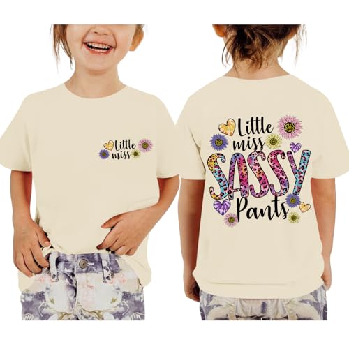 Reusekt Girls Shirts Little Miss Sassy Pants Shirt Funny Graphic Tees Cute Flower Preppy Shirts Kids Short Sleeve Casual Top(Apricot,130)
