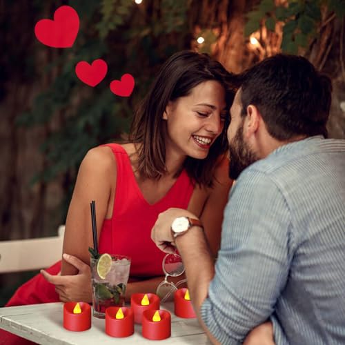 Image of SingTok 24 Pack LED Red Tea Light Battery Operated, Flameless Flickering Red Votive Candles Outdoor Electric Tealights Fake Candle Bulk for Christmas Light Wedding Romantic Valentine's Day Decorations