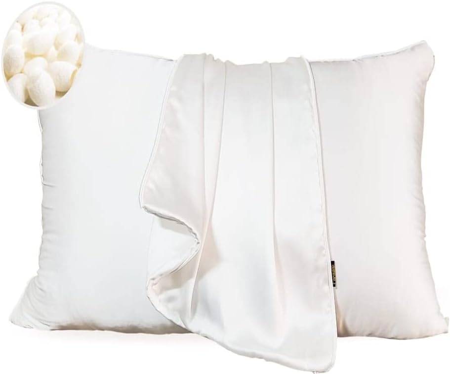 – Silk PillowCase 19 Momme 100% Pure Mulberry Charmeuse Silkpillow Good for Skin and Frizzy Hair. Handcrafted Self Piping allergenic resistant (Standard, White)