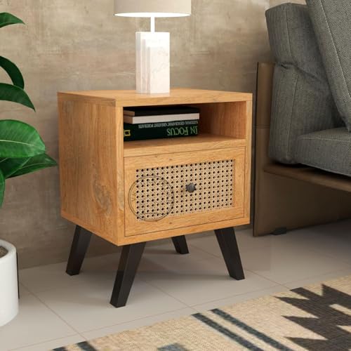 Image of Wooden Bedside Table with Cane Rattan Drawer & Open Shelf | Modern Nightstand for Bedroom (Natural Finish)