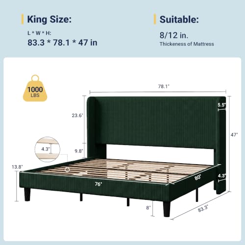 Image of Allewie King Size Platform Bed with Corduroy Wingback Headboard, Green | 1000 lb Capacity, Corduroy Wingback Headboard, Vertical Channel Design, Wood Slat Support, No Box Spring Needed /Easy Assembly