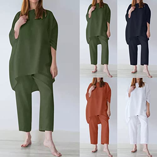 Hgps8W Women's Cotton Linen Two Piece Outfits Summer Loose 3/4 Sleeve Oversized Top And Cropped Pants Set Casual Tracksuit #TOP1
