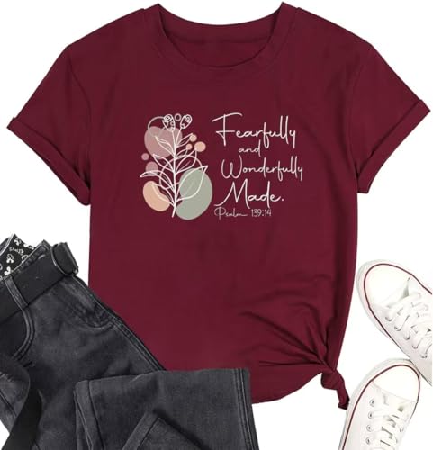 Faith Graphic T Shirt for Women Christian Shirts Bible Verse Inspirational Tee Tops, 2Wine Red, Large