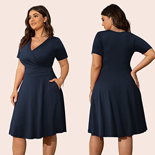 POSESHE Womens Plus Size Dresses Summer Short Sleeve Wrap V-Neck Sundress Casual Wedding Guest Cocktail Dress with Pockets2