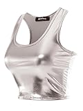 MixMatchy Women's Faux PU Leather Crop Tank Top Racerback Yoga Tanks PU Silver M