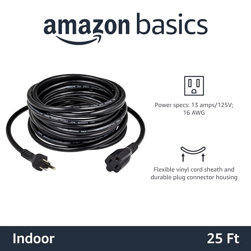 Image of Amazon Basics Indoor Extension Cord, 3 Prong Outlet Extender Power Cord, 13 Amps, 125V, 25 Foot, Black, 2-Pack