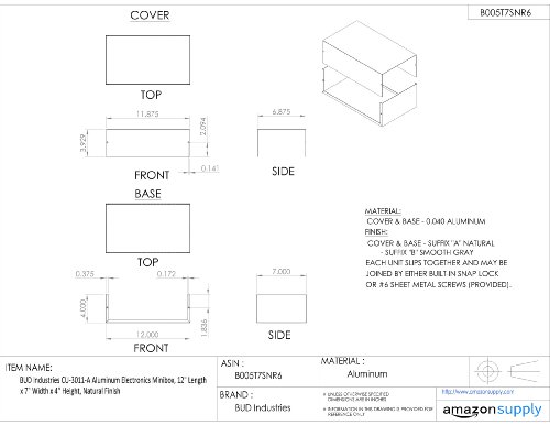Bud Industries Cu-3011-A Electronics Minibox– Aluminum Electric Supply 12" L X 7" W X 4" H, Natural #TOP3
