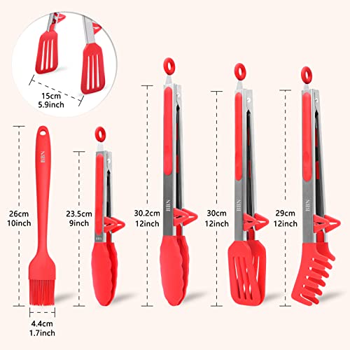 Bbn 5Pcs Silicone Tongs Set - Kitchen Utensils For Cooking With Non-Slip Grip - Heat Resistant Silicone Tongs (Red) #TOP4