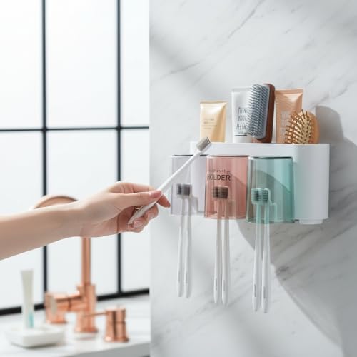 Image of Srxes Wall Mounted Toothbrush Holder, Bathroom Toothbrush Organizer with Mouthwash Cups, Brush Holder for Bathroom Wall Mounted, Tooth Brush Holder Bathroom, Toothbrush Holders for Bathroom Wall