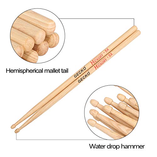 GECKO Drum Sticks 5A 2 Pair, Nylon or Wood Water Tip Drumsticks Hickory Wood Musical Instrument Percussion Accessories (7A)