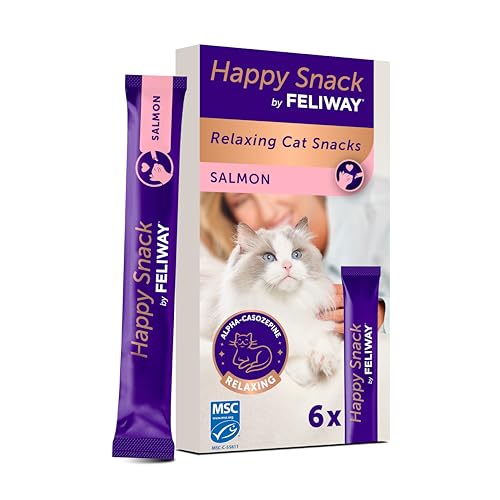 Happy Snack by FELIWAY - Boîte de 6 Sticks au goût Saumon. Relaxez Votre Chat Autour d'un Moment de complicité Présenté sous Forme de friandise onctueuse.