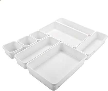 Drawer Organiser 8Pcs Interlocking Plastic Storage Trays, 3 Sizes Drawer Dividers Tidy Trays, White For Kitchen Office Desk Makeup Bathroom Jewellery Stationery