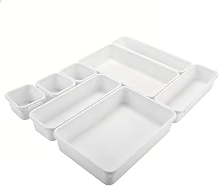 Drawer Organiser 8Pcs Interlocking Plastic Storage Trays, 3 Sizes Drawer Dividers Tidy Trays, White For Kitchen Office Desk Makeup Bathroom Jewellery Stationery