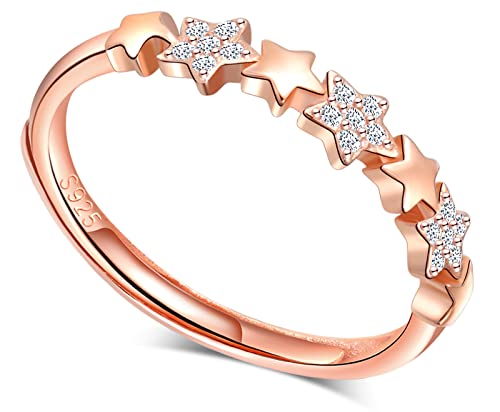 MICGIGI Damen 925er Sterling Silber Ring Eine Reihe Sterne Roségold Verstellbarer Ring mit Zirkonia Cover