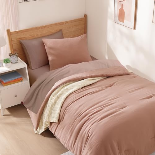 Image of Twin XL Comforter Set- 5 Pieces Prewashed Bed in a Bag Twin Bedding Sets | Soft All Season Comforter with Sheets, Pillow Sham & Pillowcase,Clay Pink