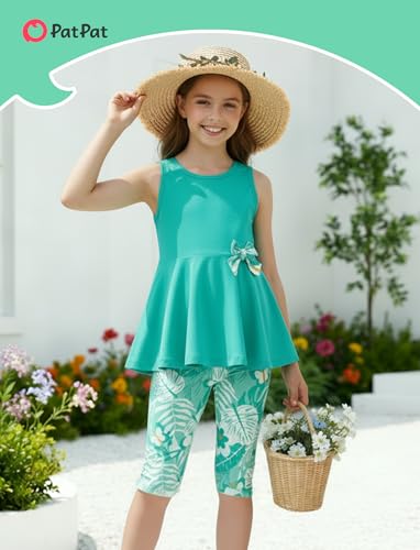 Image of PATPAT Girls Summer 2 Piece Outfits 4-12Y Butterfly Bow Sleeveless Tunic Tops and Floral Print Shorts Cute Clothes