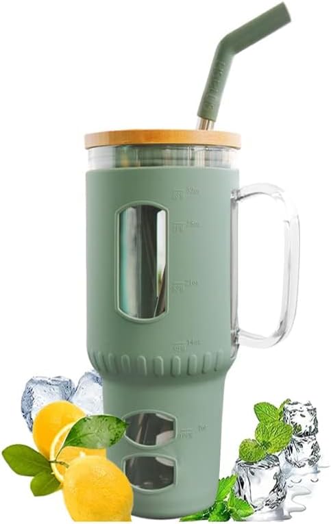 Miniatura 2 de Vaso de vidrio de 32 onzas con popote y tapa de bambú, reutilizable, con marcador de tiempo y fundas de silicona para café helado, a prueba de