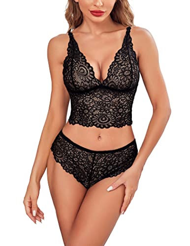 Avidlove Sexy Lace Lingerie Set Two Piece Bra and Panty Underwear Black, S