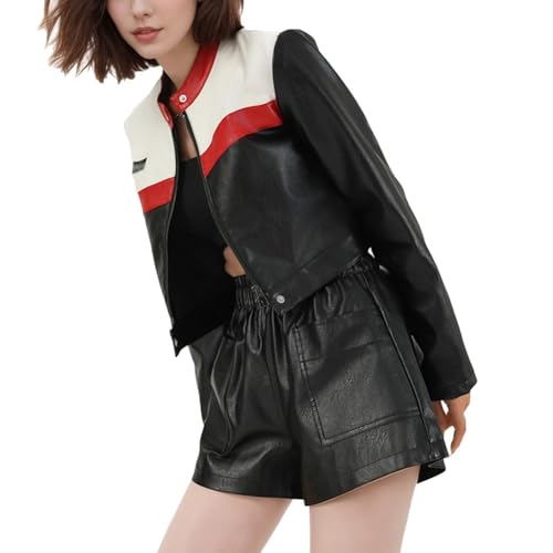 Image of HotYou Women's Red Black White Faux Leather Jacket Zip Up Motorbike Blazer Classic Short Coat Racing Style,Red,M