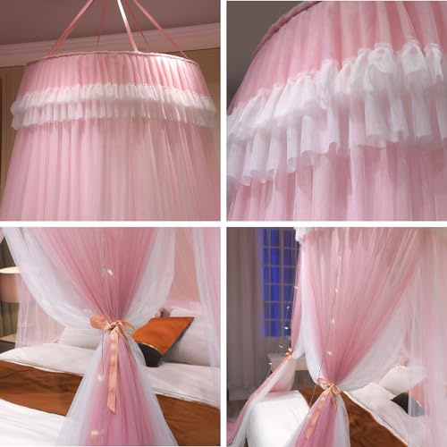 AIKASY Girls and Adults Canopy Bed, Elegant Double-Layer Bed Curtain, Children\'s Dream Round Lace Mosquito Net, Princess Canopy Net - Fits Twin, Full, Queen, and King Beds (White/Pink) - Thumbnail 6