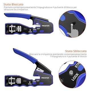 Proster Pinza Crimpatrice RJ45 Professionale Pass Through Multifunzione Spelafili per Cavo Rete per Connettori Strumento Crimpatura per RJ45 CAT5 CAT6/CAT6A RJ45 Kit Crimper Ethernet