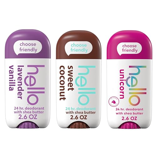 hello Deodorant Variety Pack Aluminum Free Deodorant for Women and Men with Shea Butter Lavender Vanilla Sweet Coconut Unicorn Baking Soda Free 3 x 2.6 oz Sticks