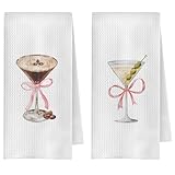 ChenCraty Dirty Martini Gifts Kitchen Towels Set of 2, Pink Coquette Martini Bow Dish Tea Bar Towels for Kitchen Bar Cart Decor, Gifts for Cocktail Lovers Women Decorative Hand Towels, 16x24 Inches
