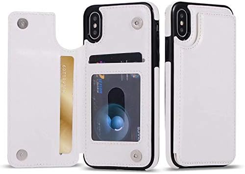 UEEBAI Case for iPhone XR, Luxury PU Leather Case with [Two Magnetic Clasp] [Card Slots] Stand Function Durable Shockproof Soft TPU Case Back Wallet Cover for iPhone XR - White
