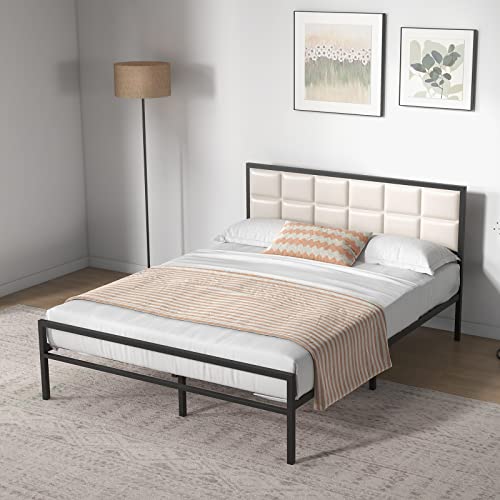 Vortextove Queen Metal Bed Frame With Faux Leather Headboard, Platform Bed Frame Queen, Strong Slats Support, No Box Spring Needed, Beige #TOP6