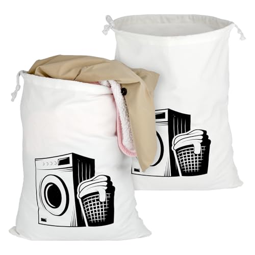 Lot de 2 sacs à linge de voyage, en coton, grands, avec cordon de serrage, réutilisables, pour le rangement des vêtements, 60 x 50 cm, blancs