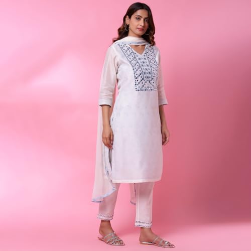 Image of BIBA WOMEN EMBROIDERY NARROW SALWAR KURTA DUPATTA(SKD7402E OFF WHITE 42)