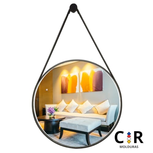 Espelho Decorativo Redondo 60cm Adnet Suspenso C/Alça Couro Ecológico +Suporte de Fixação GRATÍS (Pr