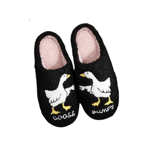 Cute Kawaii Goose Plush Fuzzy Soft Warm Fluffy House Slippers for Women Anti-Slip Rubber Sole Slides
